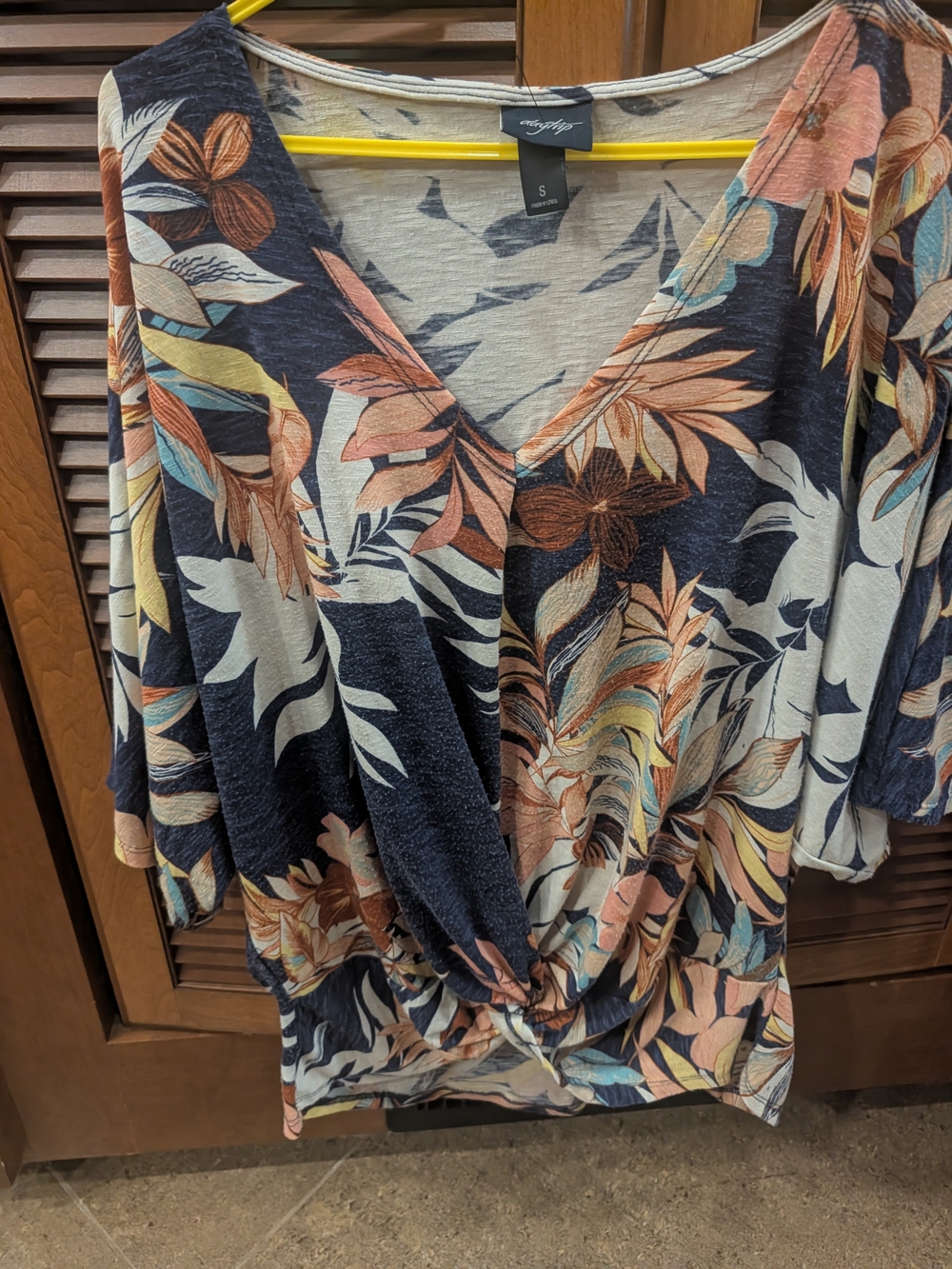 Daytrip Navy Floral V-Neck Wrap Blouse with Peach and Teal Accents
